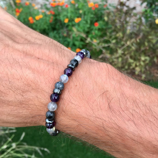 Bracelet Homme/femme Labradorite Et Bois – Lithothérapie, Gris, Neuf