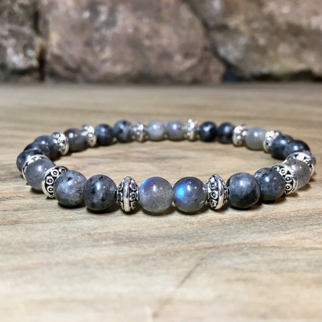 Bracelet Homme/femme En Labradorite Naturelle Et Bois - Lithothérapie