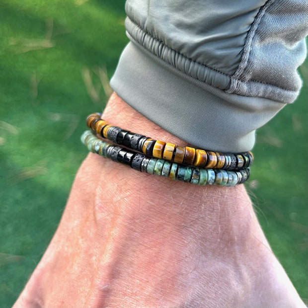 bracelet heishi pour homme oeil de tigre et turquoise d afrique vert jaune marron