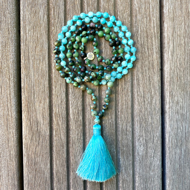 veritable Collier Mala pour femme en amazonite et turquoise