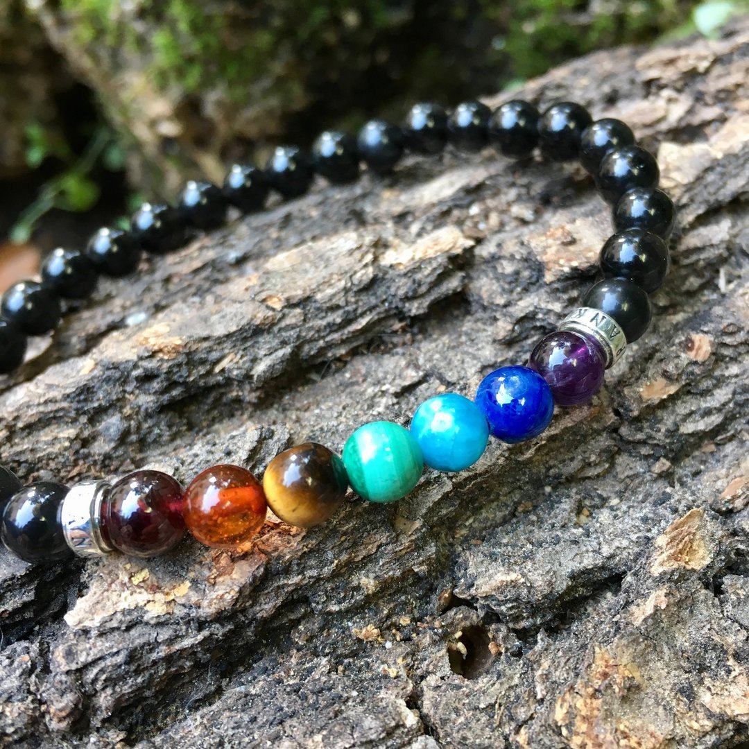 Bracelet 7 Chakras En Obsidienne Noire - Perles 8mm - Pierres Naturelles