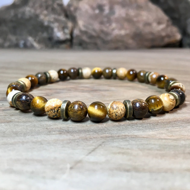 Bracelet Extensible En Pierres Naturelles : Bronzite, Jaspe Picasso Et Hématite - Neuf Avec étiquettes