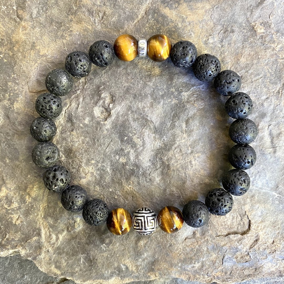 Bracelet En Perles De Pierre De Lave Et Oeil De Tigre Pour Homme