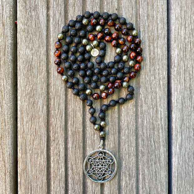 véritable Collier Mala pierre de lave oeil de taureau et pyrite