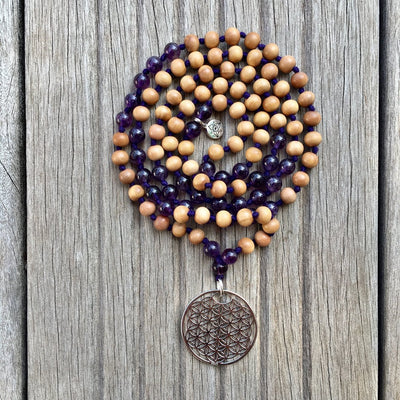 Collier Mala « Fleur de vie » Améthyste et Bois de Santal - 6 mm,  - Ankora