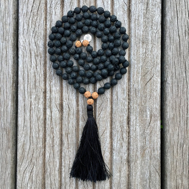 authentique collier mala pierre de lave et rudraksha