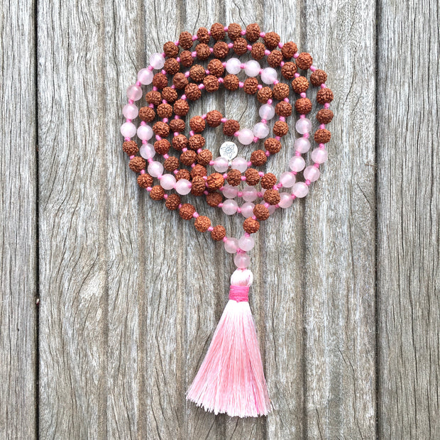 Collier Mala « Bien-être et Amour » Quartz rose et Rudraksha - 6 mm,  - Ankora