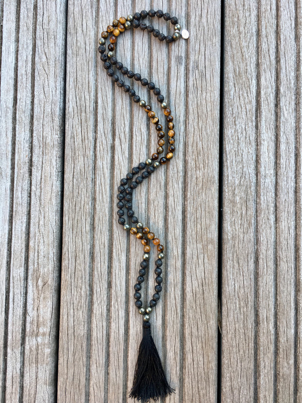 Collier Mala « Force et Courage » Oeil de Tigre, Pyrite, Pierre de Lave - 6 mm,  - Ankora