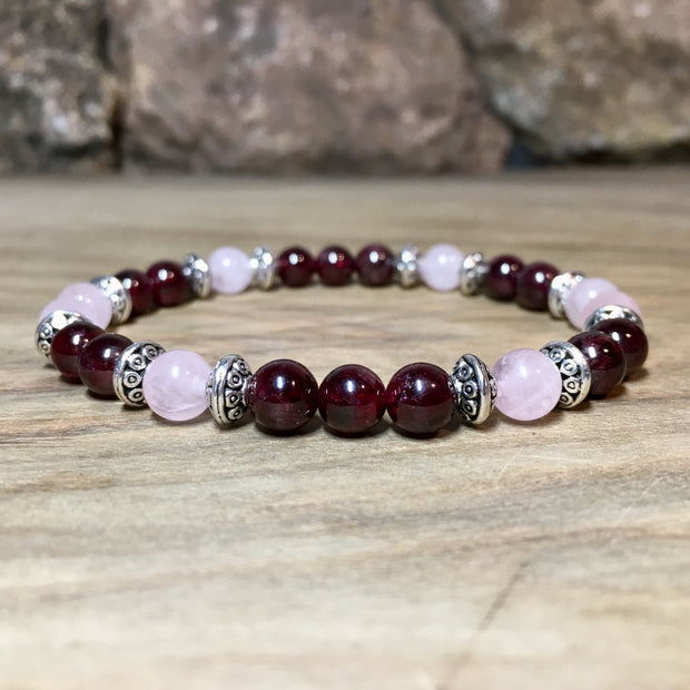 Bracelet « Amour »  Grenat et Quartz rose - 6 mm,  - Ankora