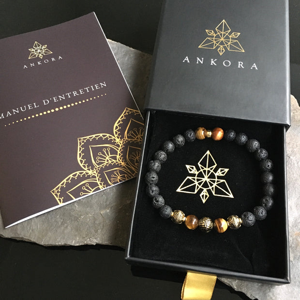 Bracelet Luxe « Courage » Oeil de Tigre et Lave - or 18k - 8 mm,  - Ankora