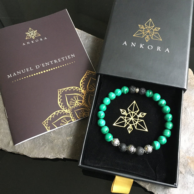 Bracelet Luxe « Guérison » Malachite et Lave - Argent 925 - 8 mm,  - Ankora