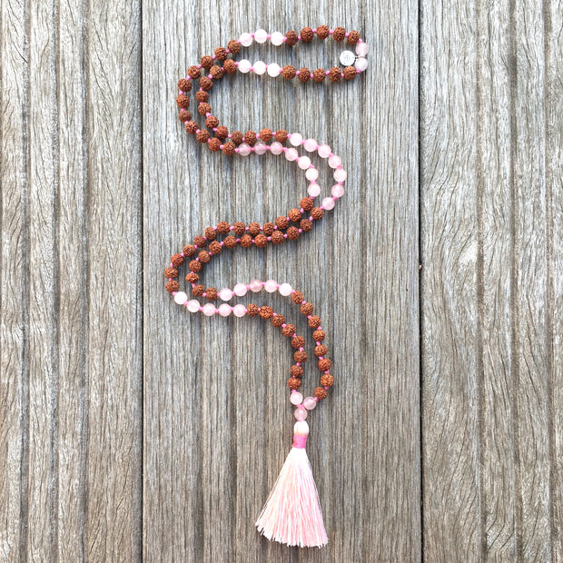 Collier Mala « Bien-être et Amour » Quartz rose et Rudraksha - 6 mm,  - Ankora