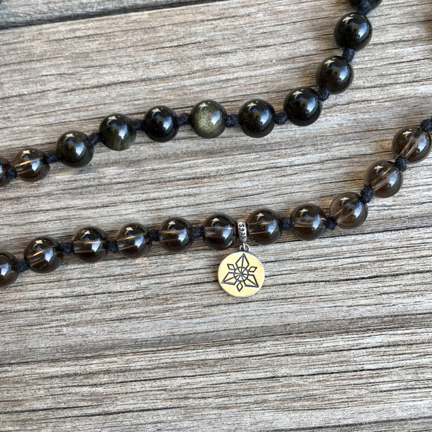 Collier Mala « Ancrage et Protection » Obsidienne, Pierre de lave, Quartz fumé - 6 mm,  - Ankora