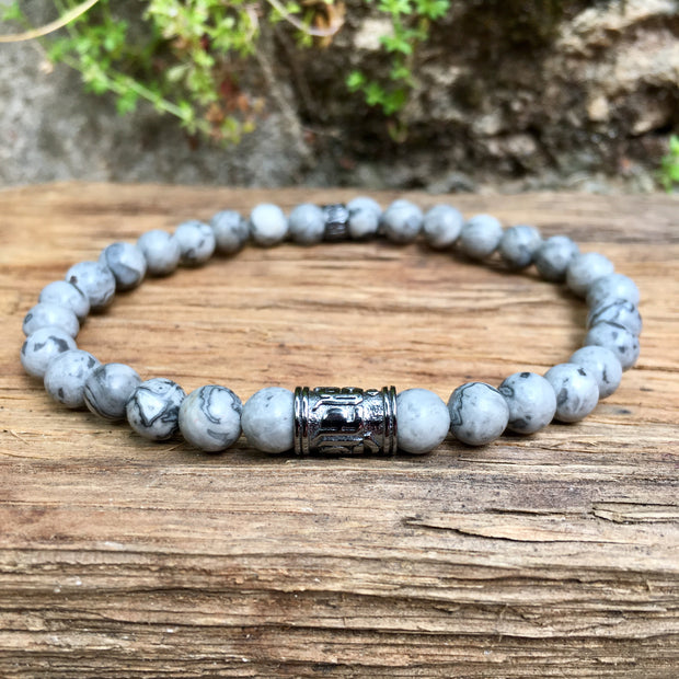 Bracelet Bouddhiste « Courage  » Jaspe Gris - Argent 925 - 6mm,  - Ankora