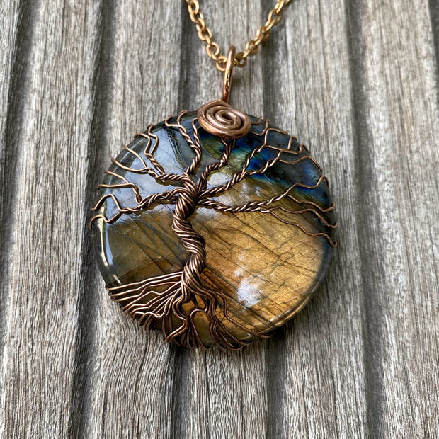 Pendentif « Arbre de vie » en Labradorite Spectrolite - Reflet Orange - Ankora